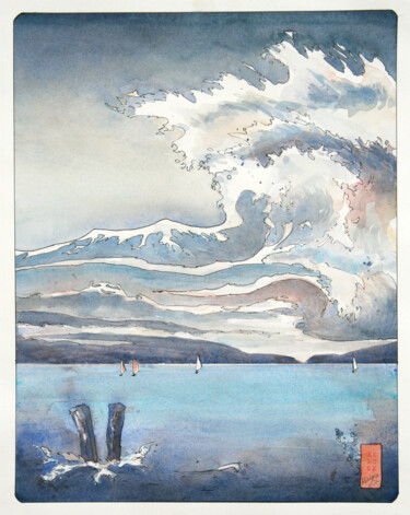 Painting titled "Ciel de Vagues, aqu…" by Vanessa Renoux, Original Artwork, Watercolor Mounted on Cardboard