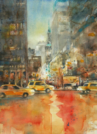 Painting titled "New York - Orange d…" by Vanessa Renoux, Original Artwork, Watercolor