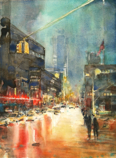 Peinture intitulée "New York by Night" par Vanessa Renoux, Œuvre d'art originale, Aquarelle