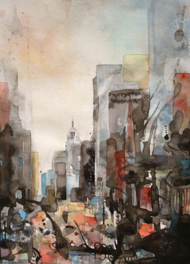 Painting titled "5eme Avenue - Aquar…" by Vanessa Renoux, Original Artwork, Ink