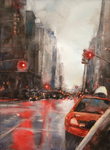 Painting titled "Yellow cab under th…" by Vanessa Renoux, Original Artwork, Watercolor