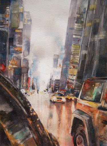 Peinture intitulée "Rainy traffic - aqu…" par Vanessa Renoux, Œuvre d'art originale, Aquarelle