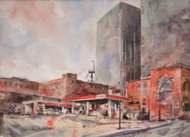 Pintura intitulada "Station service - a…" por Vanessa Renoux, Obras de arte originais, Aquarela