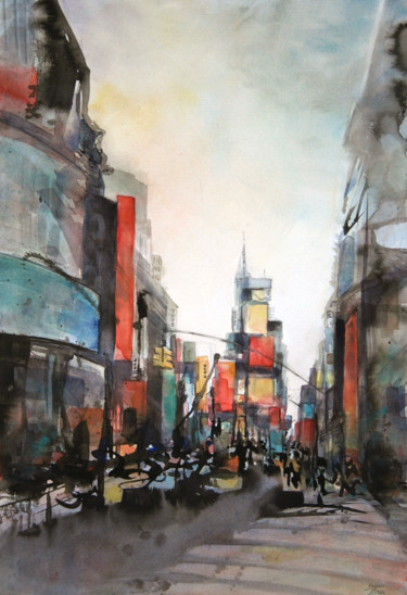 Painting titled ""Time Square II" -a…" by Vanessa Renoux, Original Artwork, Ink