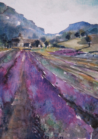 Peinture intitulée ""Champs de lavande"…" par Vanessa Renoux, Œuvre d'art originale, Aquarelle