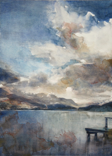 Painting titled "Lac d'Annecy, ciel…" by Vanessa Renoux, Original Artwork, Watercolor
