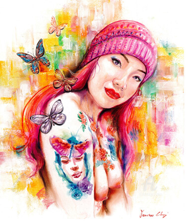 Ζωγραφική με τίτλο "Pink series_work 2" από Vanessa Chyi, Αυθεντικά έργα τέχνης, Ακουαρέλα