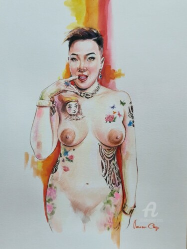 Painting titled "portrait in nude" by Vanessa Chyi, Original Artwork, Watercolor