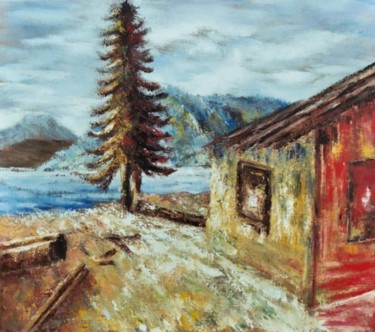 Painting titled "Lodge at the lake" by Van G, Original Artwork, Oil