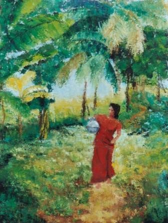 Peinture intitulée "Carrying water, Sri…" par Van G, Œuvre d'art originale, Huile Monté sur Châssis en bois