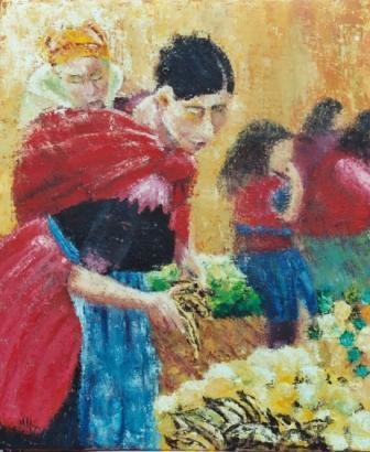 Painting titled "At the market, Guat…" by Van G, Original Artwork, Oil