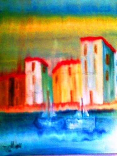 Painting titled "Misty Dock Town" by Vanhout, Original Artwork, Oil