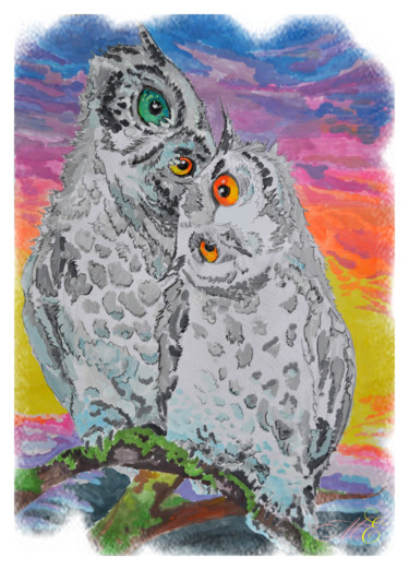 Картина под названием "влюбленные совы" - Екатерина Мозговая, Подлинное произведение искусства, Карандаш