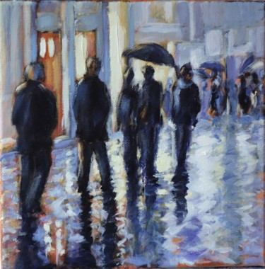 Painting titled "Soir de pluie rue E…" by Pierre Vanmansart, Original Artwork, Acrylic Mounted on Wood Stretcher frame