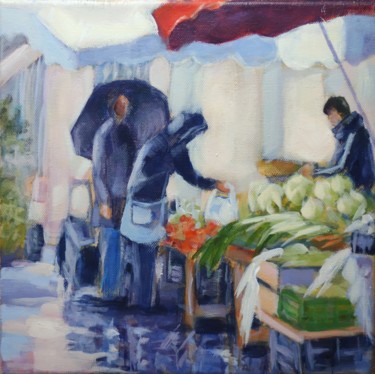 Peinture intitulée "Marché sous la plui…" par Pierre Vanmansart, Œuvre d'art originale, Acrylique Monté sur Châssis en bois