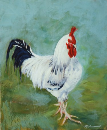 Painting titled "Coq sur le chemin d…" by Pierre Vanmansart, Original Artwork, Acrylic Mounted on Wood Stretcher frame