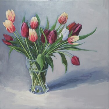 Painting titled "Tulipes dans un vase" by Pierre Vanmansart, Original Artwork, Acrylic Mounted on Wood Stretcher frame
