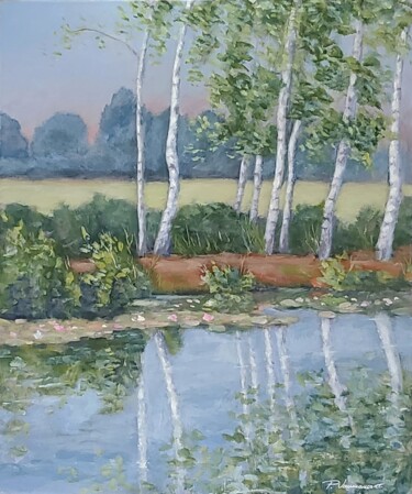 Painting titled "Etang à Houthem, Co…" by Pierre Vanmansart, Original Artwork, Acrylic Mounted on Wood Stretcher frame