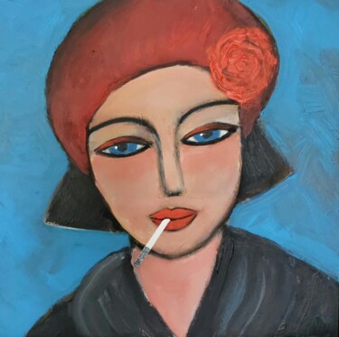 Painting titled "Her last cigarette." by Nelly Van Nieuwenhuijzen, Original Artwork, Acrylic Mounted on Wood Panel