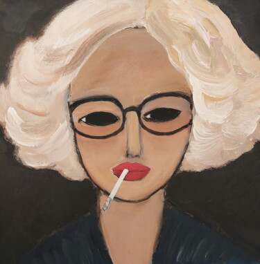 Painting titled "Smoking Blonde" by Nelly Van Nieuwenhuijzen, Original Artwork, Acrylic Mounted on Wood Panel