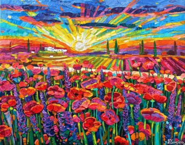 Schilderij getiteld "Poppies fields in T…" door Vanya Georgieva, Origineel Kunstwerk, Olie Gemonteerd op Frame voor houten b…