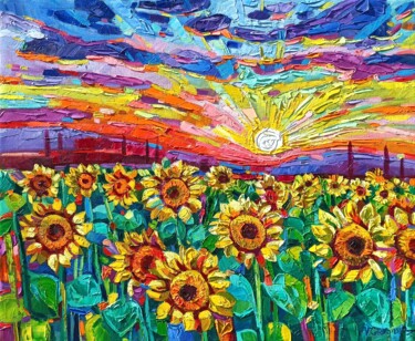 Painting titled "When the Sunflowers…" by Vanya Georgieva, Original Artwork, Oil Mounted on Wood Stretcher frame