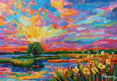 Painting titled "Sunset on the lake" by Vanya Georgieva, Original Artwork, Oil Mounted on Wood Stretcher frame
