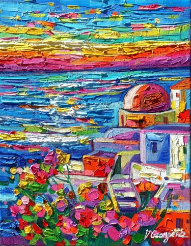 Peinture intitulée "Colorful Santorini" par Vanya Georgieva, Œuvre d'art originale, Huile Monté sur Châssis en bois