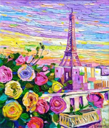 Painting titled "Roses in Paris" by Vanya Georgieva, Original Artwork, Oil Mounted on Wood Stretcher frame