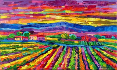 Ζωγραφική με τίτλο "Golden vineyards 2" από Vanya Georgieva, Αυθεντικά έργα τέχνης, Λάδι Τοποθετήθηκε στο Ξύλινο φορείο σκελ…