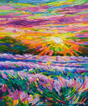 Painting titled "Lavender fields und…" by Vanya Georgieva, Original Artwork, Oil Mounted on Wood Stretcher frame