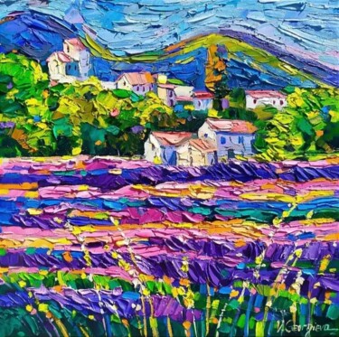 Painting titled "Lavender fields in…" by Vanya Georgieva, Original Artwork, Oil Mounted on Wood Stretcher frame