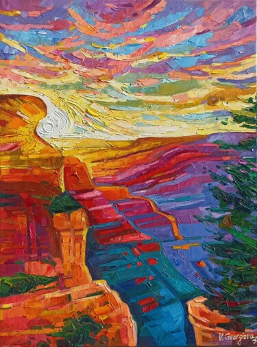 Painting titled "Grand Canyon sunset" by Vanya Georgieva, Original Artwork, Oil Mounted on Wood Stretcher frame