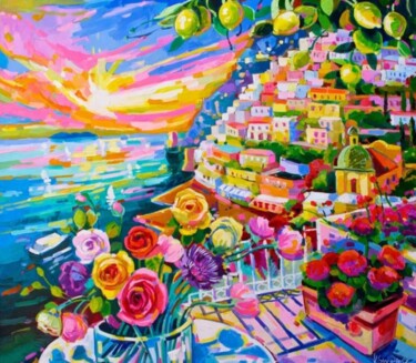 Painting titled "Limoni a Positano" by Vanya Georgieva, Original Artwork, Oil Mounted on Wood Stretcher frame