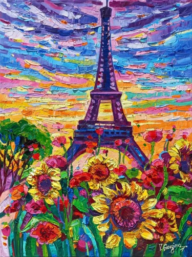 Картина под названием "Sunflowers in Paris" - Vanya Georgieva, Подлинное произведение искусства, Масло Установлен на Деревян…