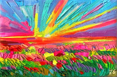 Schilderij getiteld "Joyful fields 2" door Vanya Georgieva, Origineel Kunstwerk, Olie Gemonteerd op Frame voor houten branca…