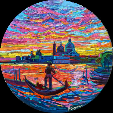 Painting titled "Sun of Venice" by Vanya Georgieva, Original Artwork, Oil Mounted on Wood Stretcher frame