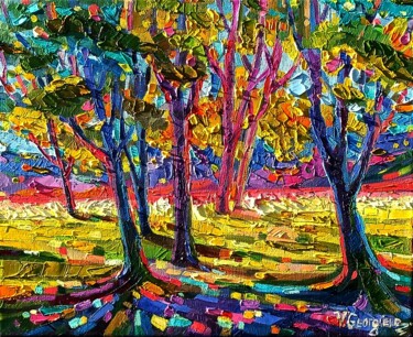 Painting titled "Trees and Shadows 3" by Vanya Georgieva, Original Artwork, Oil Mounted on Wood Stretcher frame