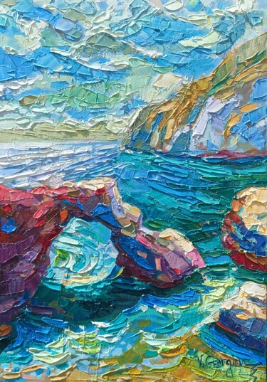 Painting titled "The green Sea" by Vanya Georgieva, Original Artwork, Oil Mounted on Wood Stretcher frame