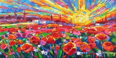 Painting titled "Poppies field 5" by Vanya Georgieva, Original Artwork, Oil Mounted on Wood Stretcher frame