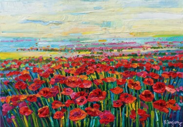 Painting titled "Poppies field in th…" by Vanya Georgieva, Original Artwork, Oil Mounted on Wood Stretcher frame