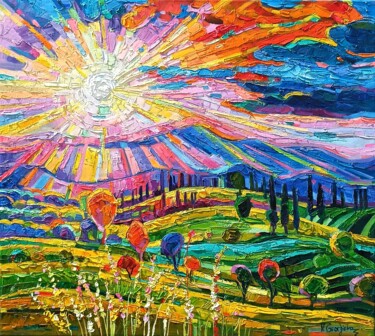 Painting titled "Dazzling Sun in Tus…" by Vanya Georgieva, Original Artwork, Oil Mounted on Wood Stretcher frame