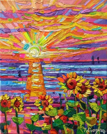 Painting titled "Sunflowers on the c…" by Vanya Georgieva, Original Artwork, Oil Mounted on Wood Stretcher frame