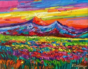 Painting titled "Sunset in the Mount…" by Vanya Georgieva, Original Artwork, Oil Mounted on Wood Stretcher frame