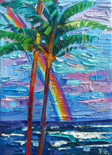 Painting titled "Rainbow in Hawaii" by Vanya Georgieva, Original Artwork, Oil Mounted on Wood Stretcher frame