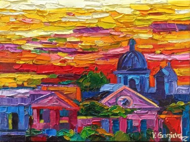 Painting titled "Fire sunset at Rome" by Vanya Georgieva, Original Artwork, Oil Mounted on Wood Stretcher frame