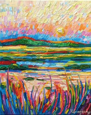 Картина под названием "Sunrise on the lake" - Vanya Georgieva, Подлинное произведение искусства, Масло Установлен на Деревян…