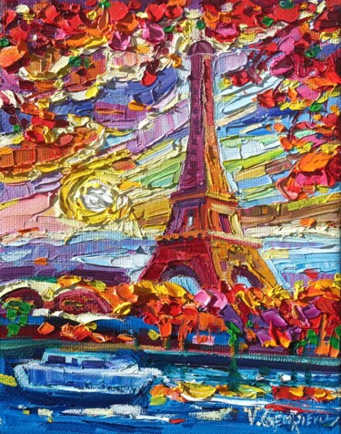 Painting titled "Fall in... Paris" by Vanya Georgieva, Original Artwork, Oil Mounted on Wood Stretcher frame