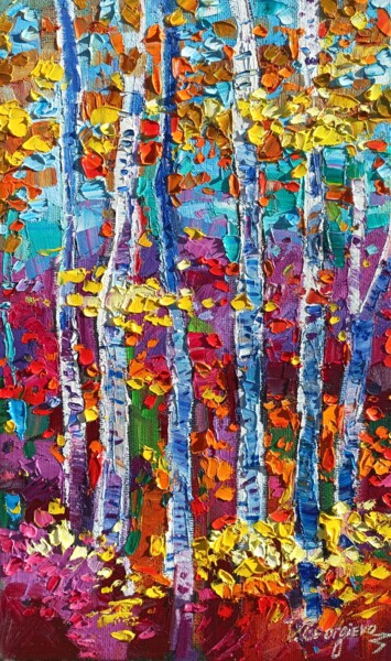 Painting titled "Fall scenery" by Vanya Georgieva, Original Artwork, Oil Mounted on Wood Stretcher frame