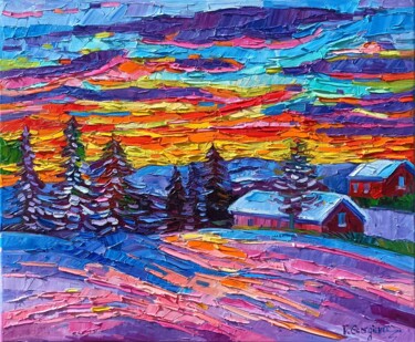 Painting titled "Hot Winter sunset" by Vanya Georgieva, Original Artwork, Oil Mounted on Wood Stretcher frame